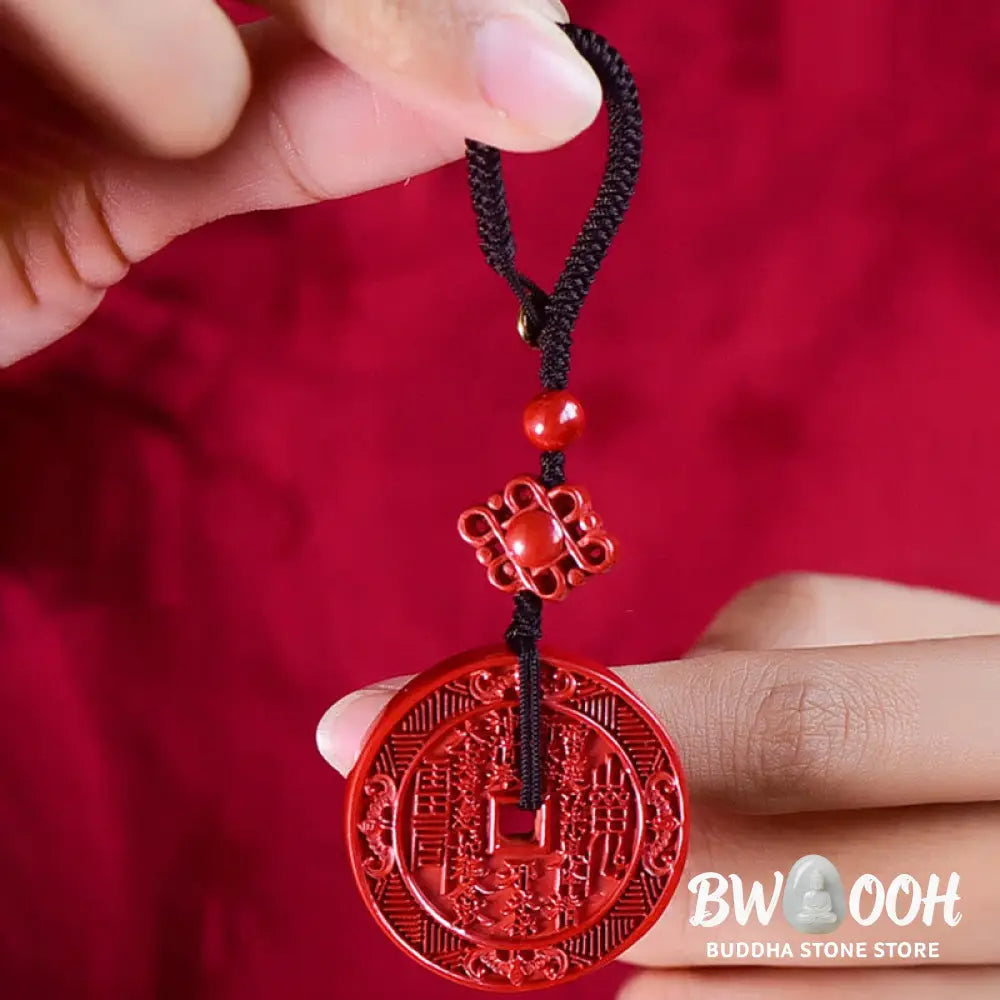 Buddha Stones Natural Cinnabar Mountain Ghosts Spend Money Bagua Blessing Necklace Pendant Key Chain - BWOOOH