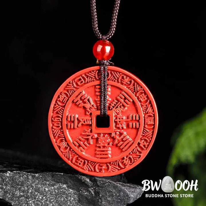 Buddha Stones Natural Cinnabar Mountain Ghosts Spend Money Bagua Design Blessing Necklace Pendant - BWOOOH - Cinnabar