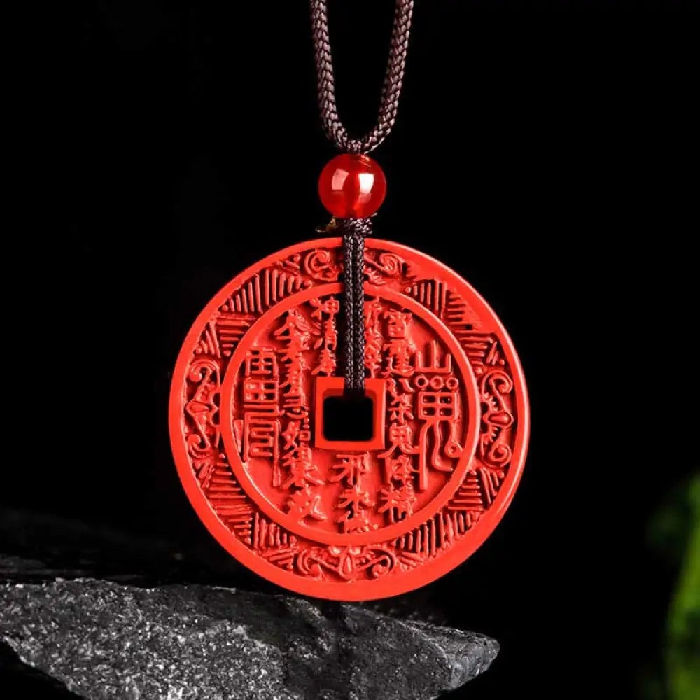 BWOOOH Natural Cinnabar Mountain Ghosts Bagua Design Blessing Necklace Pendant