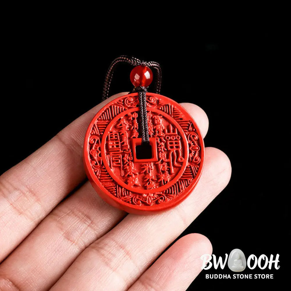 Buddha Stones Natural Cinnabar Mountain Ghosts Spend Money Bagua Design Blessing Necklace Pendant - BWOOOH - Cinnabar