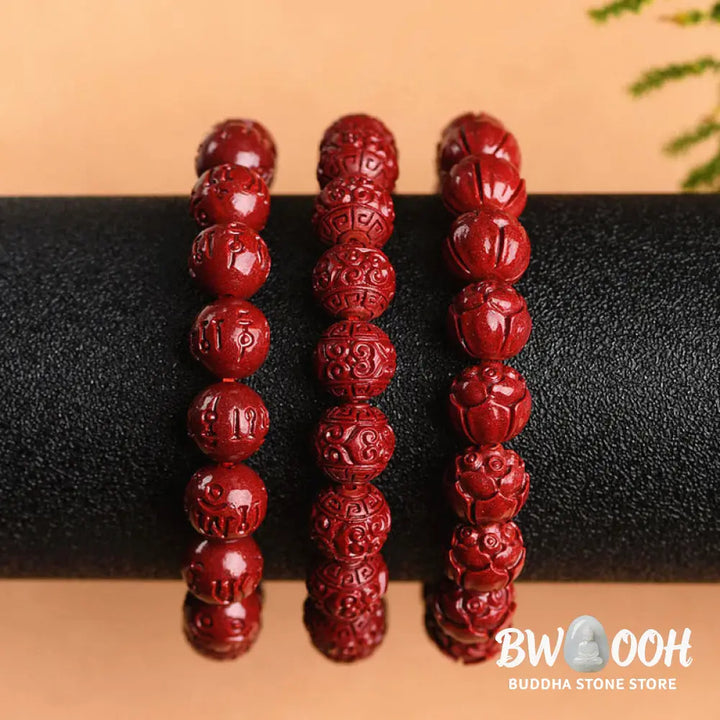 Buddha Stones Natural Cinnabar Om Mani Padme Hum Fret Pattern Lotus Blessing Bracelet - BWOOOH - Bracelet