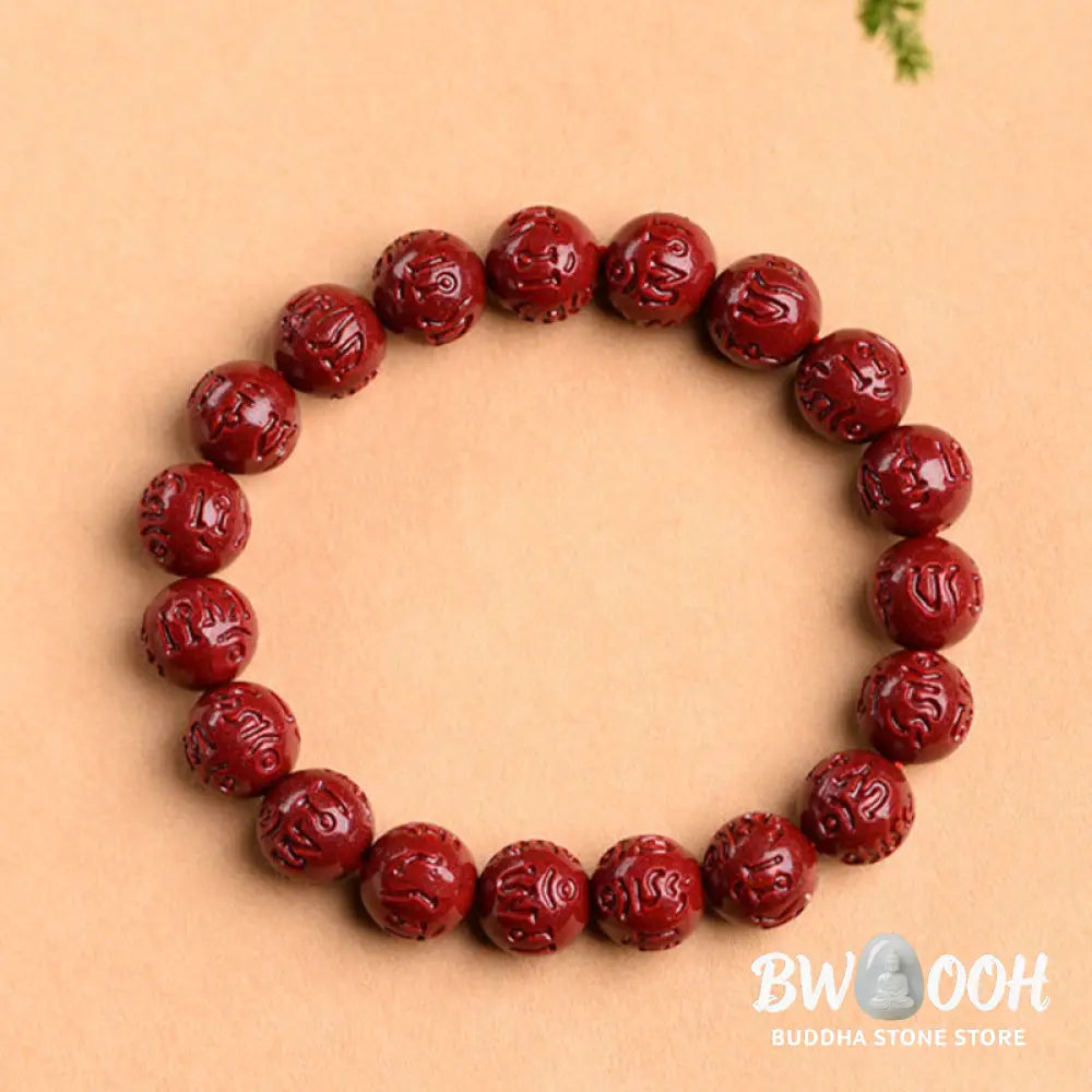 Buddha Stones Natural Cinnabar Om Mani Padme Hum Fret Pattern Lotus Blessing Bracelet - BWOOOH - Bracelet