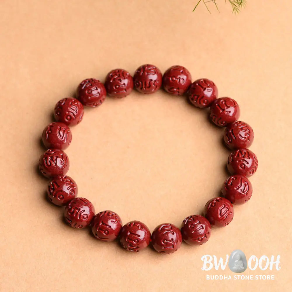 Buddha Stones Natural Cinnabar Om Mani Padme Hum Fret Pattern Lotus Blessing Bracelet - BWOOOH - Bracelet