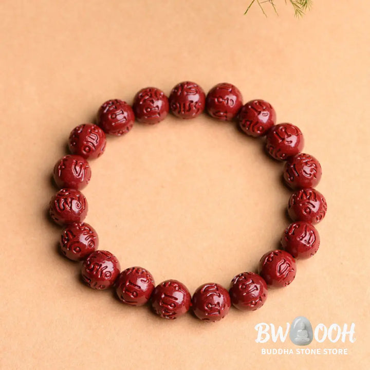 Buddha Stones Natural Cinnabar Om Mani Padme Hum Fret Pattern Lotus Blessing Bracelet - BWOOOH - Bracelet