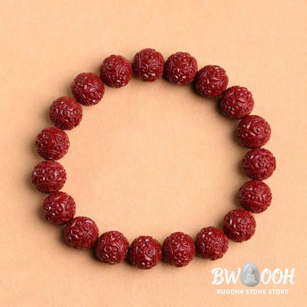 Buddha Stones Natural Cinnabar Om Mani Padme Hum Fret Pattern Lotus Blessing Bracelet - BWOOOH - Bracelet