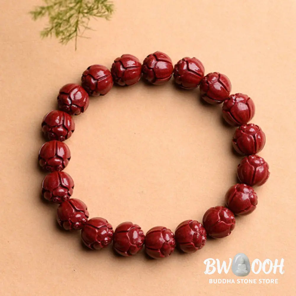 Buddha Stones Natural Cinnabar Om Mani Padme Hum Fret Pattern Lotus Blessing Bracelet - BWOOOH - Bracelet