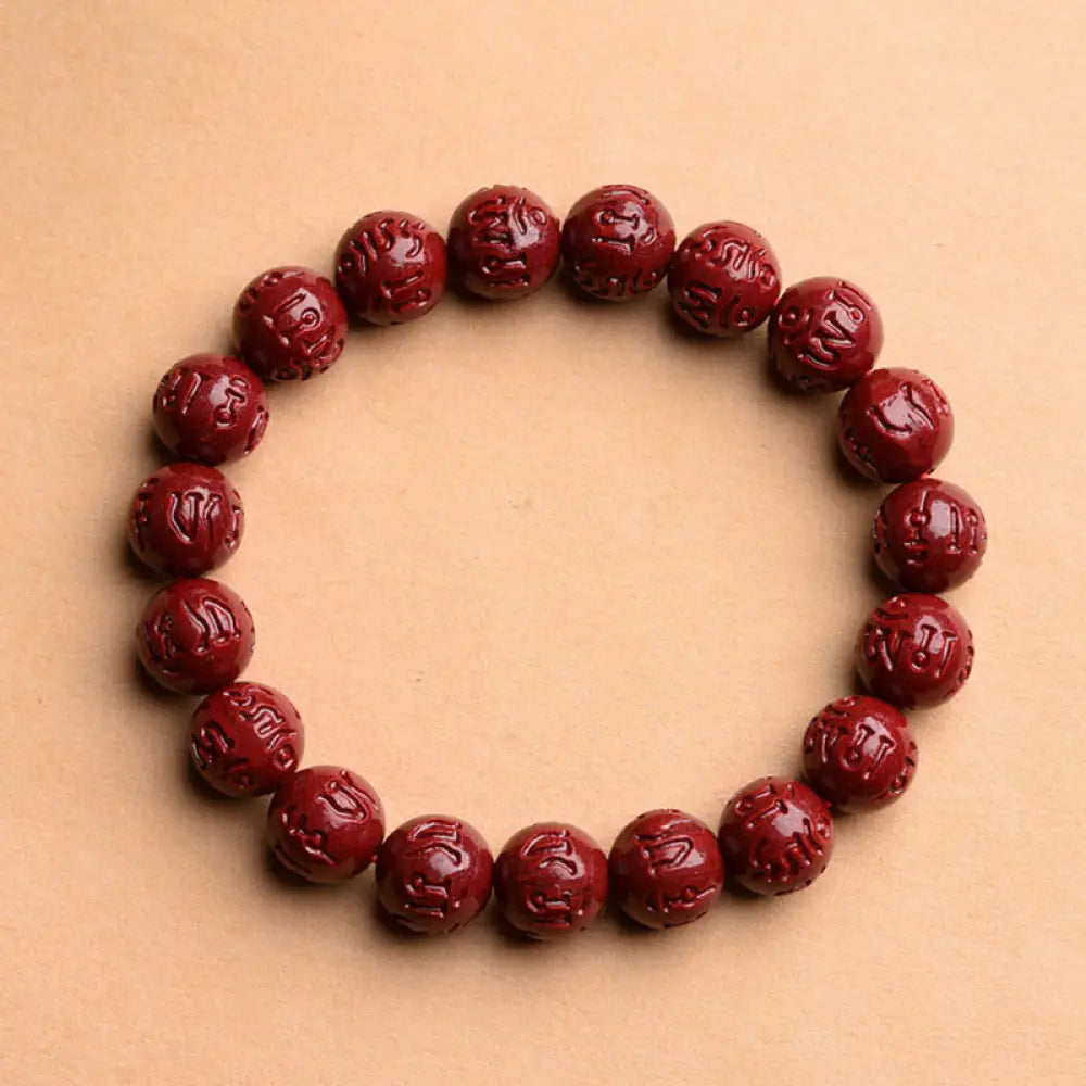 Buddha Stones Natural Cinnabar Om Mani Padme Hum Fret Pattern Lotus Blessing Bracelet - BWOOOH - Om Mani Padme Hum