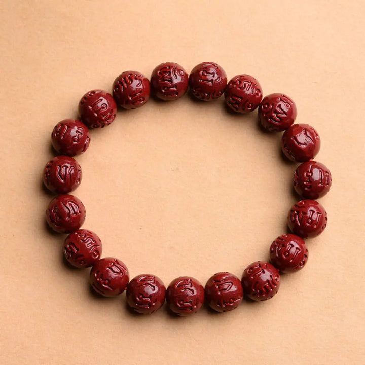 Buddha Stones Natural Cinnabar Om Mani Padme Hum Fret Pattern Lotus Blessing Bracelet - BWOOOH - Om Mani Padme Hum