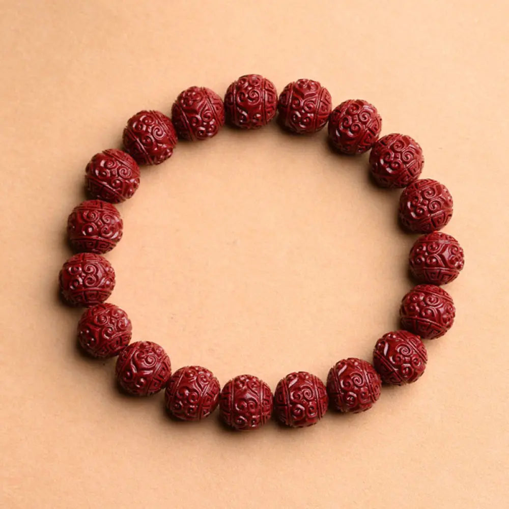 BWOOOH Natural Cinnabar Om Mani Padme Hum Fret Pattern Lotus Blessing Bracelet - BWOOOH - Fret Pattern / 6mm(28