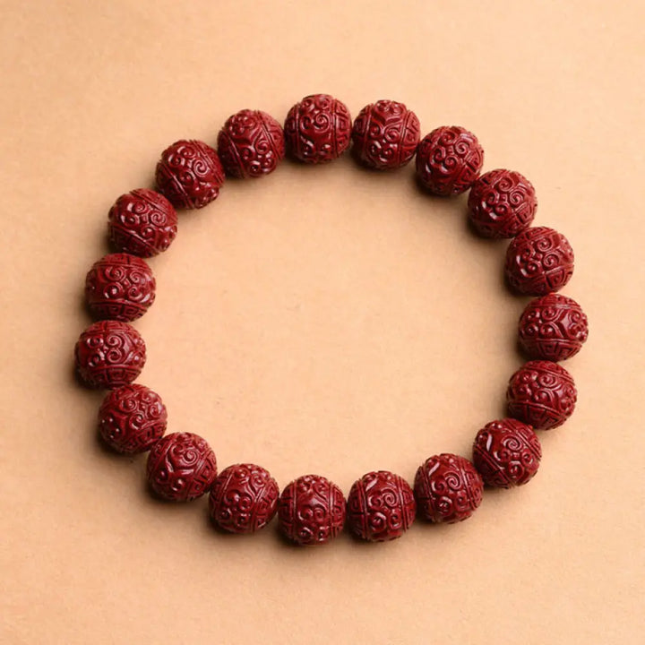 BWOOOH Natural Cinnabar Om Mani Padme Hum Fret Pattern Lotus Blessing Bracelet - BWOOOH - Fret Pattern / 6mm(28