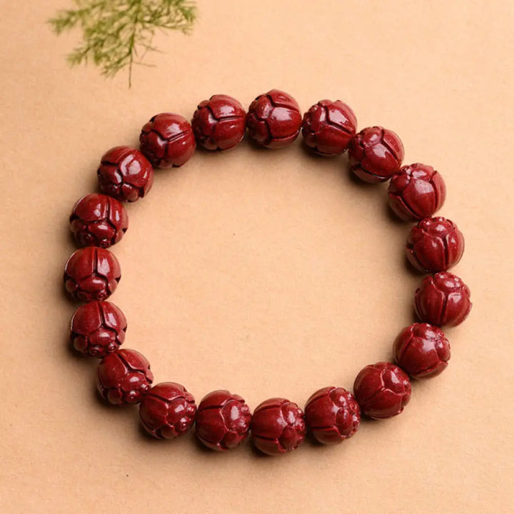 Buddha Stones Natural Cinnabar Om Mani Padme Hum Fret Pattern Lotus Blessing Bracelet - BWOOOH - Lotus / 6mm(28 Beads)