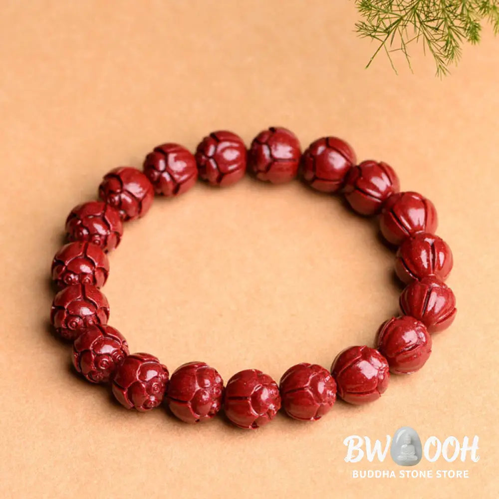 Buddha Stones Natural Cinnabar Om Mani Padme Hum Fret Pattern Lotus Blessing Bracelet - BWOOOH - Bracelet