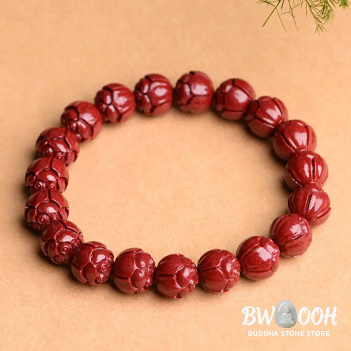 Buddha Stones Natural Cinnabar Om Mani Padme Hum Fret Pattern Lotus Blessing Bracelet - BWOOOH - Bracelet