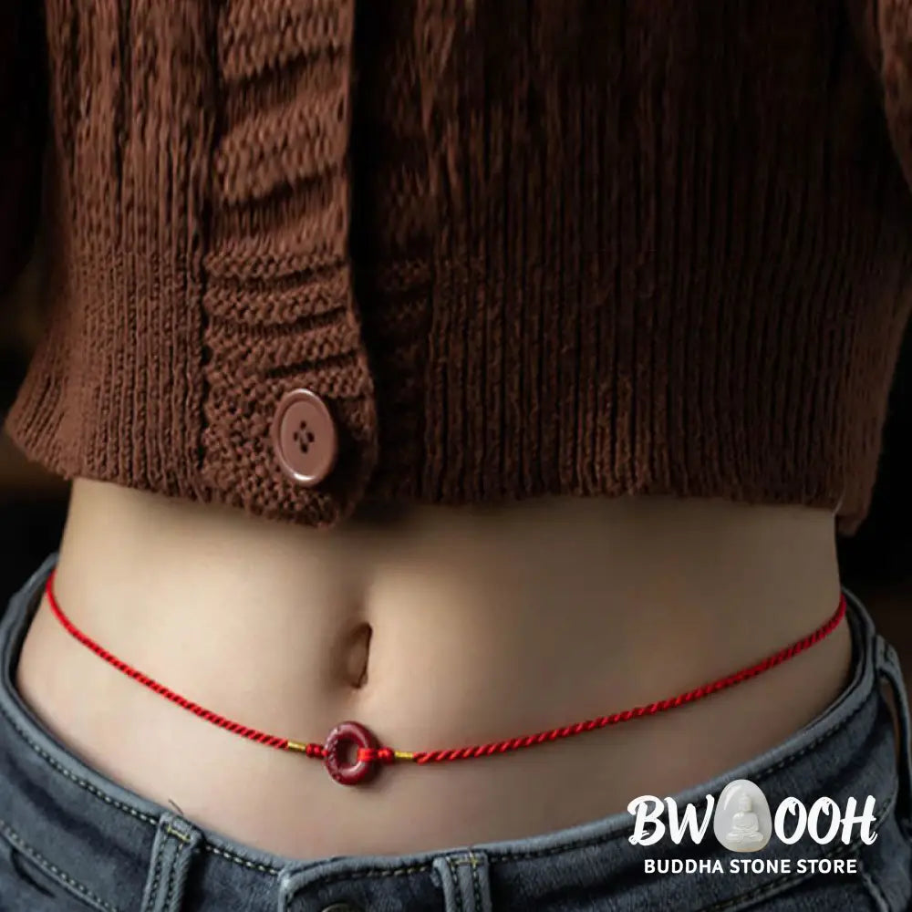 Buddha Stones Natural Cinnabar Peace Buckle Blessing Red String Belly Chain - Belly Chain