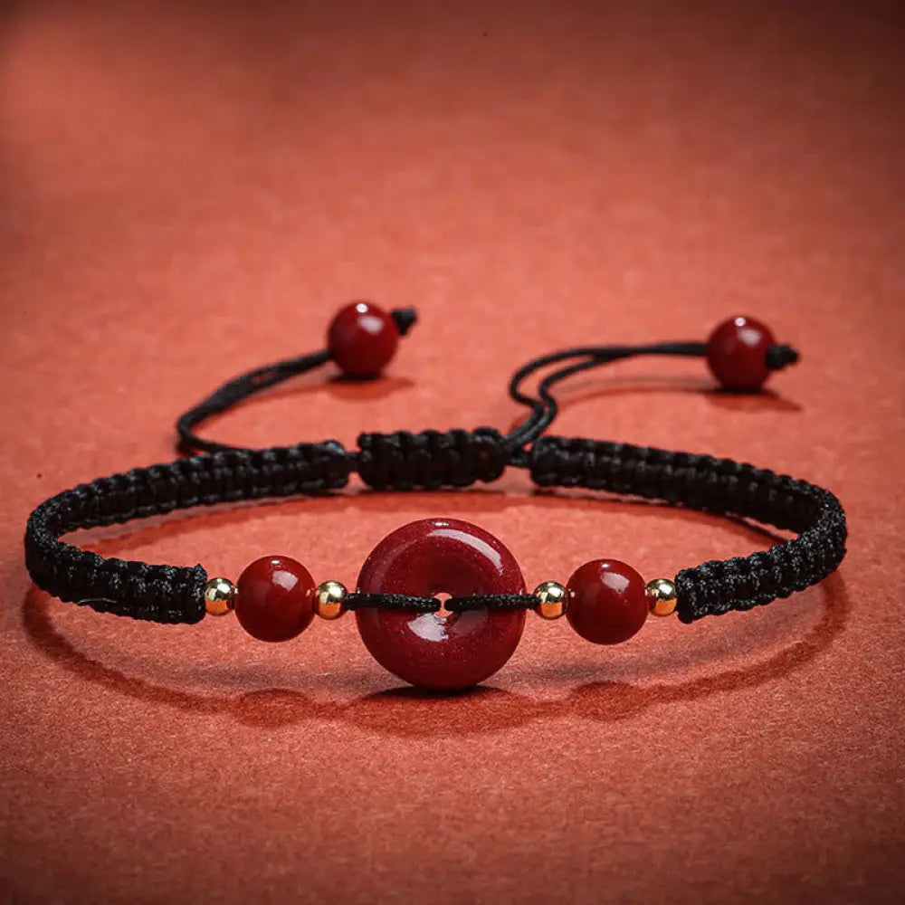 BWOOOH Natural Cinnabar Peace Buckle Blessing String Bracelet - Black Rope(Wrist Circumference 14-18cm)