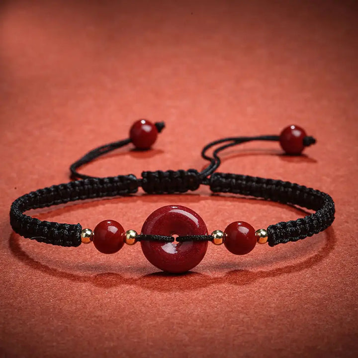 BWOOOH Natural Cinnabar Peace Buckle Blessing String Bracelet - Black Rope(Wrist Circumference 14-18cm)