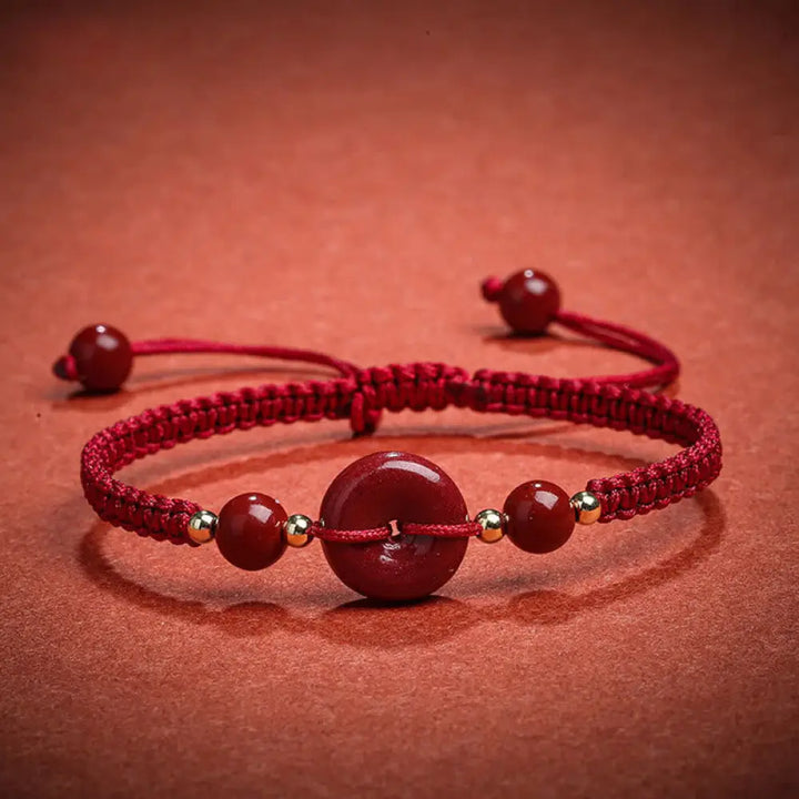 BWOOOH Natural Cinnabar Peace Buckle Blessing String Bracelet - Dark Red Rope(Wrist Circumference 14-18cm)