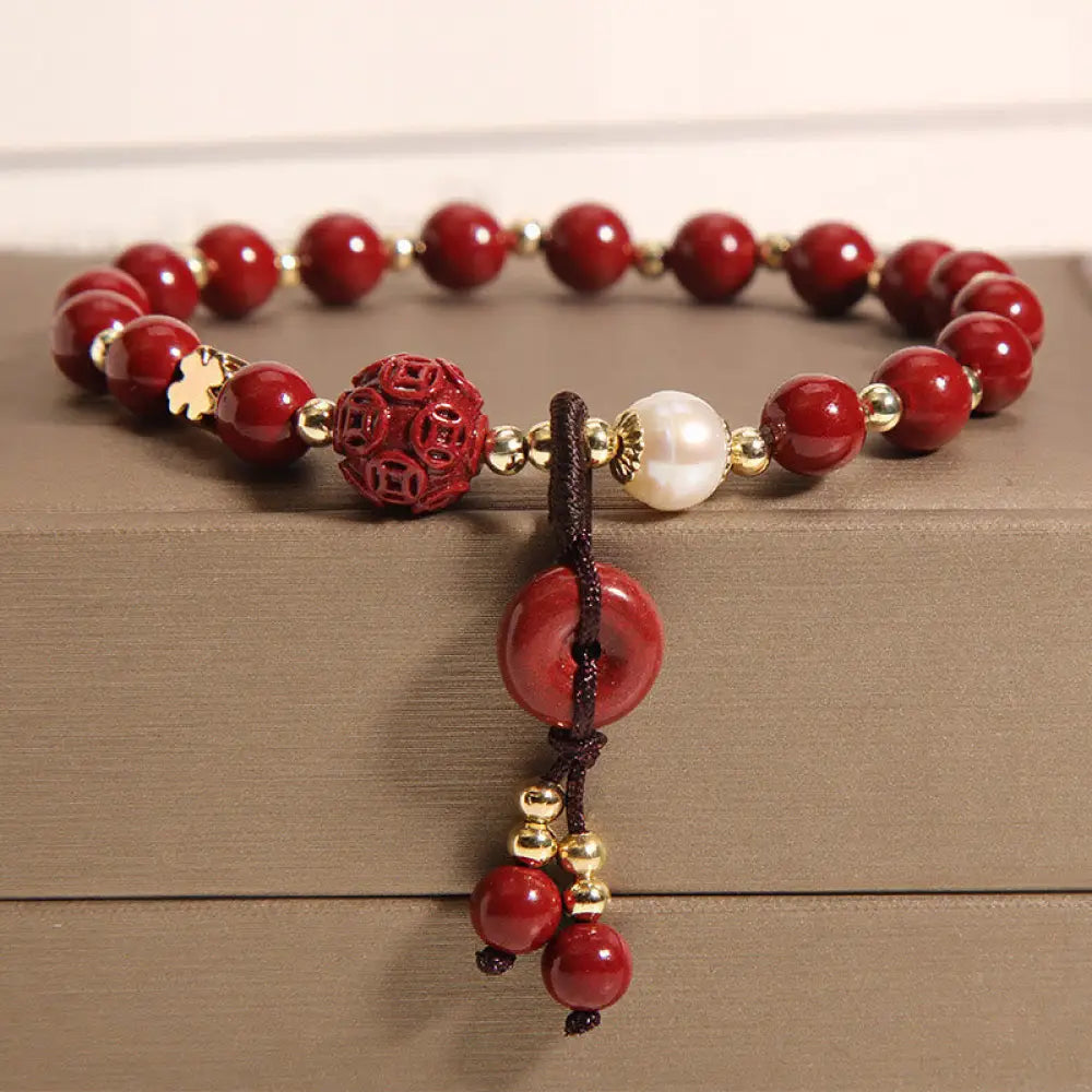 BWOOOH Natural Cinnabar Peace Buckle Copper Coin Charm Blessing Bracelet - BWOOOH - Cinnabar(Calm♥Concentration)