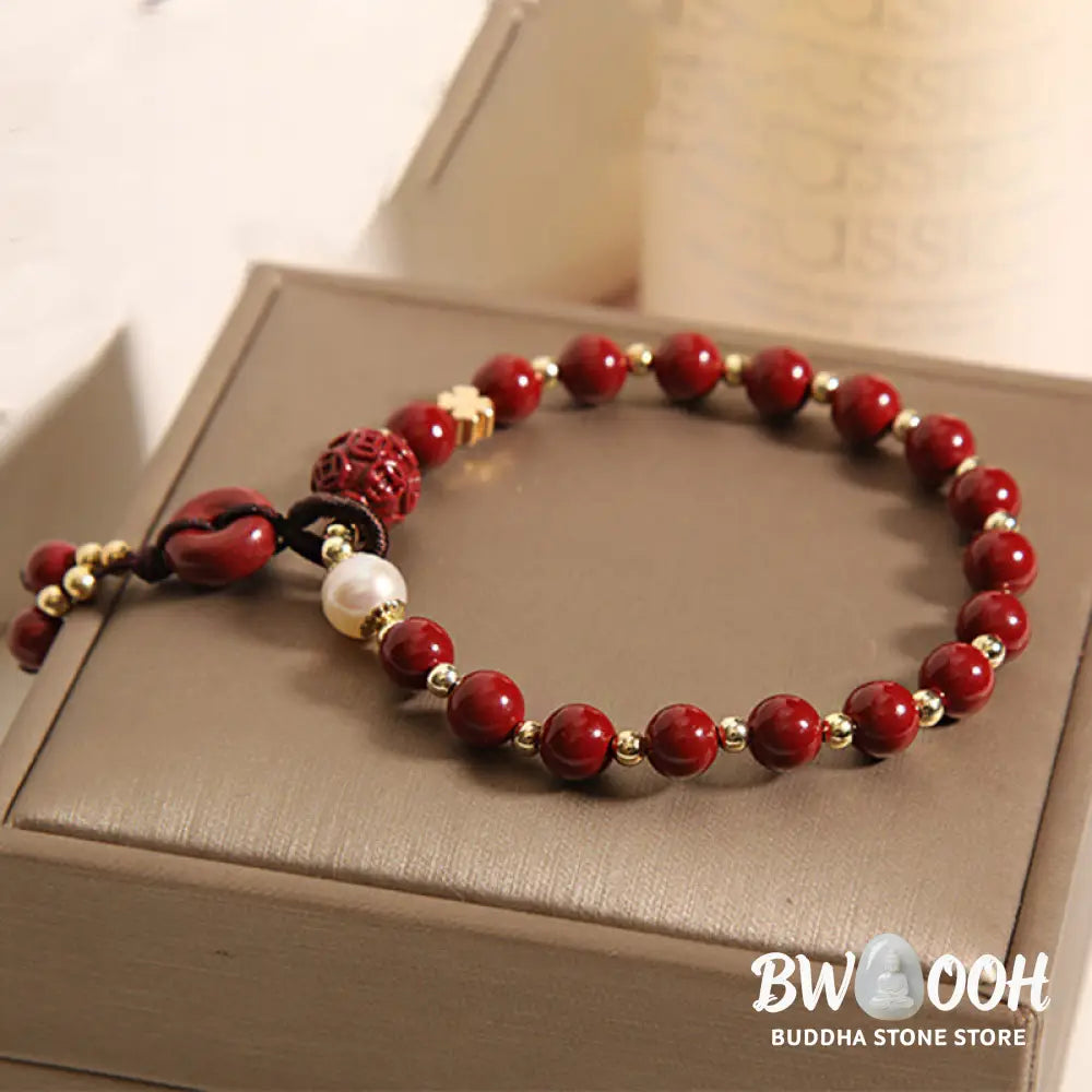 Buddha Stones Natural Cinnabar Peace Buckle Copper Coin Charm Blessing Bracelet - BWOOOH - Cinnabar(Calm♥Concentration)