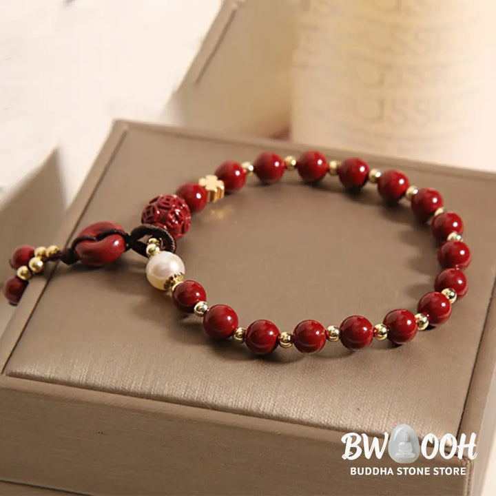 Buddha Stones Natural Cinnabar Peace Buckle Copper Coin Charm Blessing Bracelet - BWOOOH - Cinnabar(Calm♥Concentration)