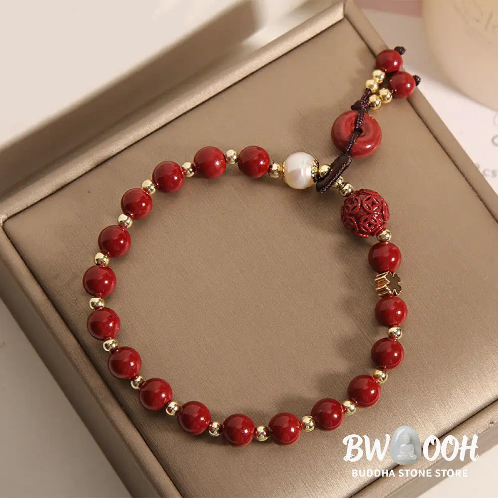 Buddha Stones Natural Cinnabar Peace Buckle Copper Coin Charm Blessing Bracelet - BWOOOH - Cinnabar(Calm♥Concentration)