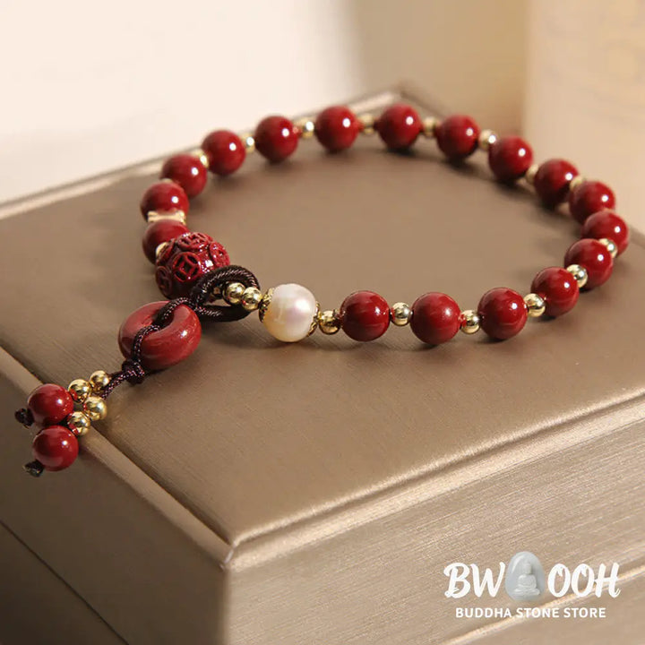 Buddha Stones Natural Cinnabar Peace Buckle Copper Coin Charm Blessing Bracelet - BWOOOH - Cinnabar(Calm♥Concentration)