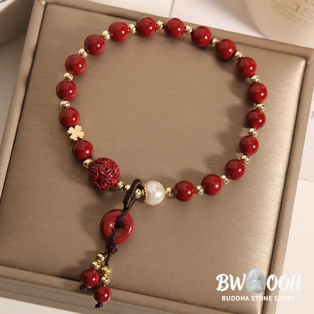 Buddha Stones Natural Cinnabar Peace Buckle Copper Coin Charm Blessing Bracelet - BWOOOH - Cinnabar(Calm♥Concentration)
