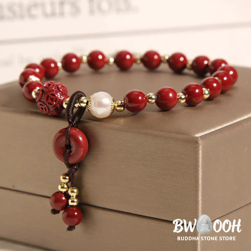 Buddha Stones Natural Cinnabar Peace Buckle Copper Coin Charm Blessing Bracelet - BWOOOH - Cinnabar(Calm♥Concentration)