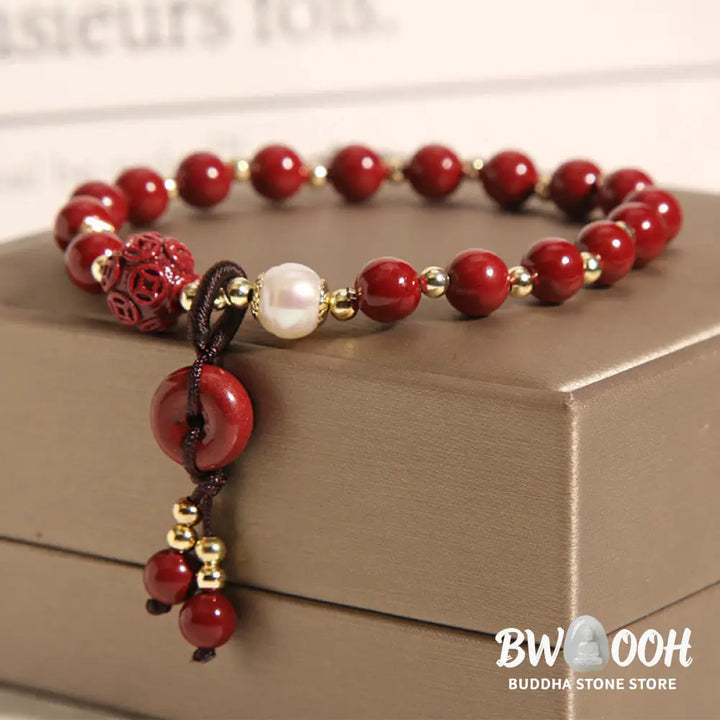 Buddha Stones Natural Cinnabar Peace Buckle Copper Coin Charm Blessing Bracelet - BWOOOH - Cinnabar(Calm♥Concentration)
