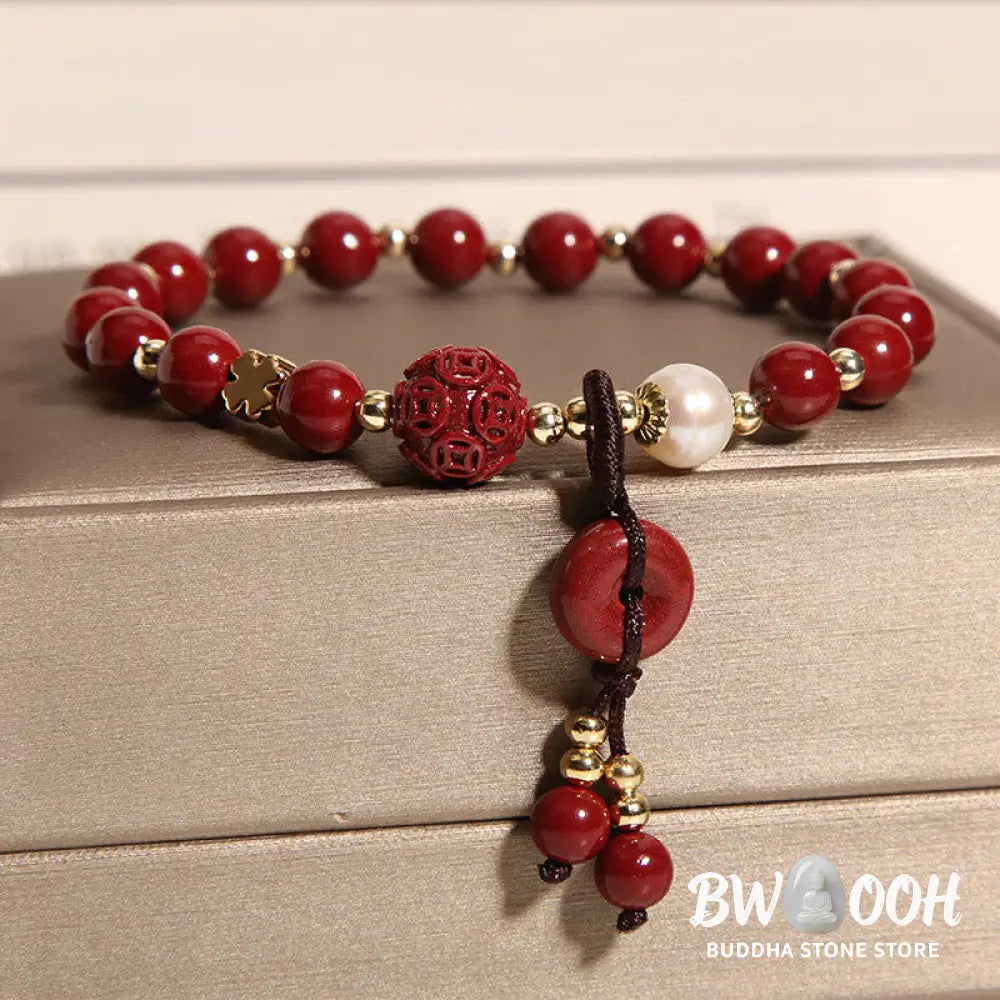 Buddha Stones Natural Cinnabar Peace Buckle Copper Coin Charm Blessing Bracelet - BWOOOH - Cinnabar(Calm♥Concentration)