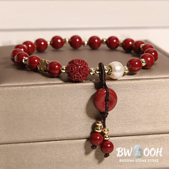 Buddha Stones Natural Cinnabar Peace Buckle Copper Coin Charm Blessing Bracelet - BWOOOH - Cinnabar(Calm♥Concentration)