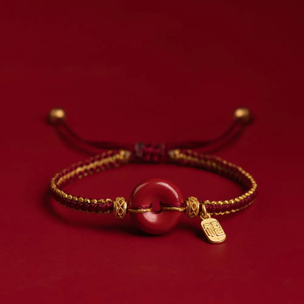 BWOOOH Natural Cinnabar Peace Buckle Fu Character Charm Blessing Braided Bracelet - BWOOOH - 13mm Peace