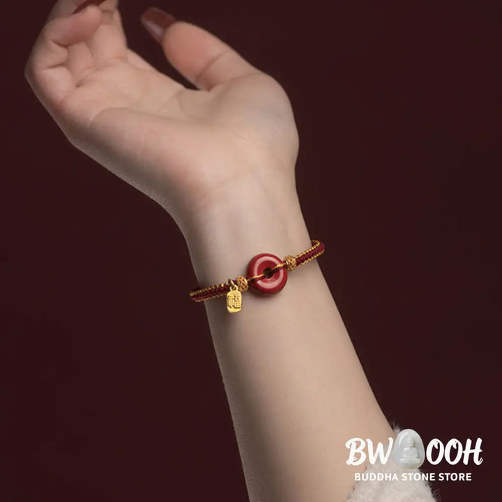 Buddha Stones Natural Cinnabar Peace Buckle Fu Character Charm Blessing Braided Bracelet - BWOOOH - Bracelet