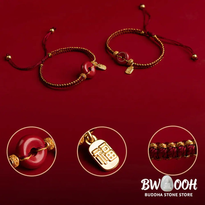 Buddha Stones Natural Cinnabar Peace Buckle Fu Character Charm Blessing Braided Bracelet - BWOOOH - Bracelet