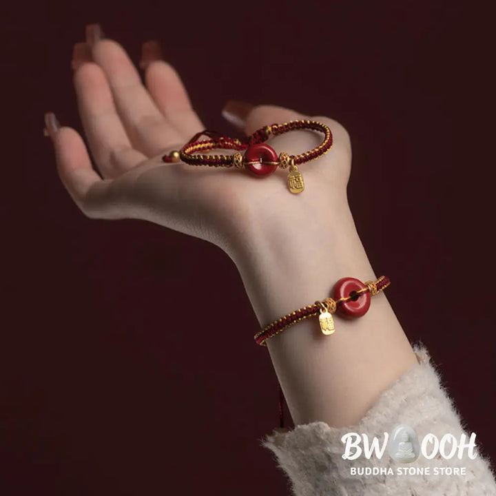 Buddha Stones Natural Cinnabar Peace Buckle Fu Character Charm Blessing Braided Bracelet - BWOOOH - Bracelet
