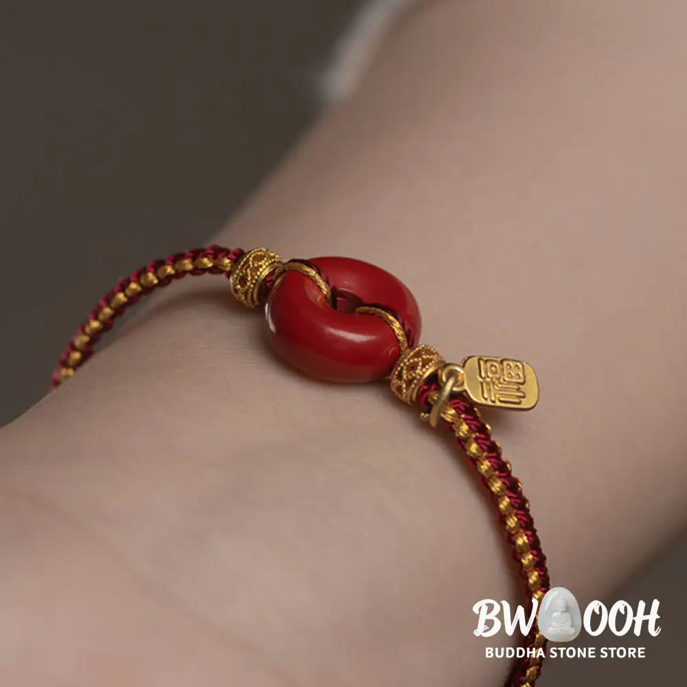 Buddha Stones Natural Cinnabar Peace Buckle Fu Character Charm Blessing Braided Bracelet - BWOOOH - Bracelet