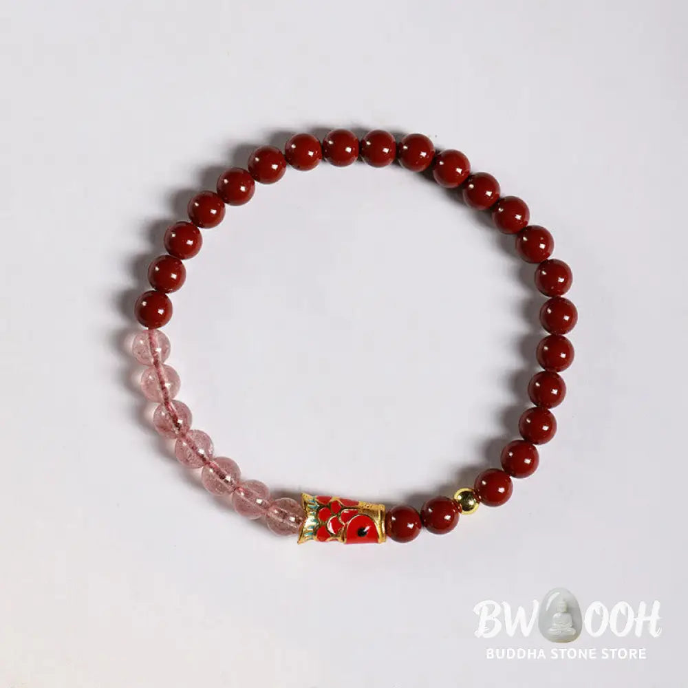 Buddha Stones Natural Cinnabar Pink Crystal Strawberry Quartz Lucky Koi Fish Blessing Bracelet - Bracelet