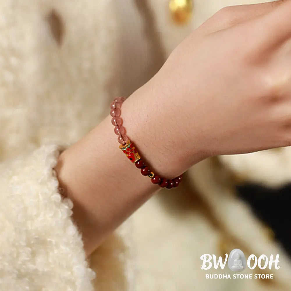 Buddha Stones Natural Cinnabar Pink Crystal Strawberry Quartz Lucky Koi Fish Blessing Bracelet - Bracelet