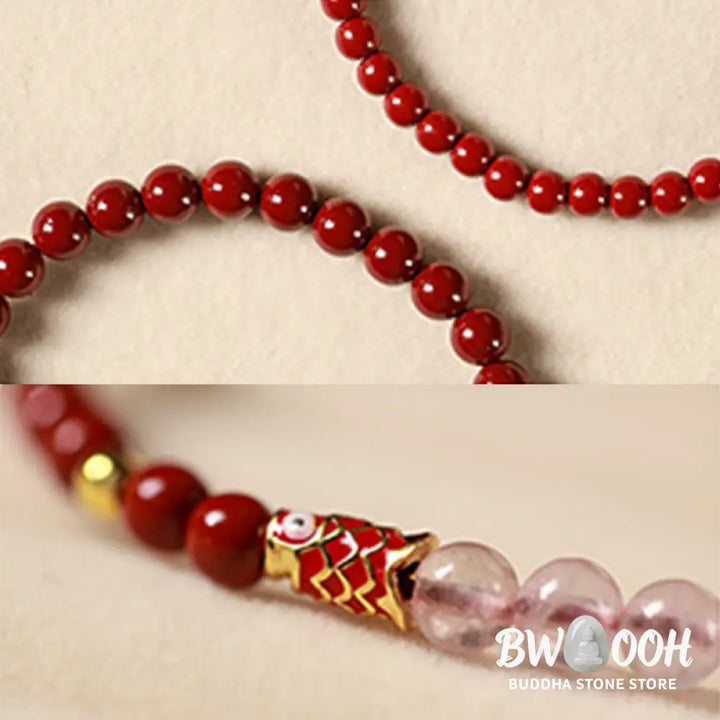 Buddha Stones Natural Cinnabar Pink Crystal Strawberry Quartz Lucky Koi Fish Blessing Bracelet - Bracelet