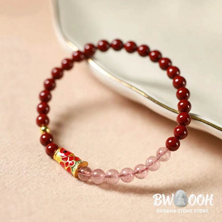 Buddha Stones Natural Cinnabar Pink Crystal Strawberry Quartz Lucky Koi Fish Blessing Bracelet - Bracelet