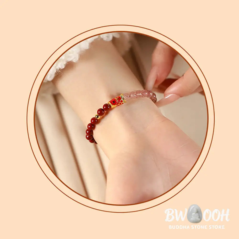 Buddha Stones Natural Cinnabar Pink Crystal Strawberry Quartz Lucky Koi Fish Blessing Bracelet - Bracelet