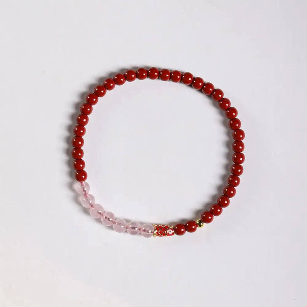 Buddha Stones Natural Cinnabar Pink Crystal Strawberry Quartz Lucky Koi Fish Blessing Bracelet - Cinnabar-4mm &amp; Pink