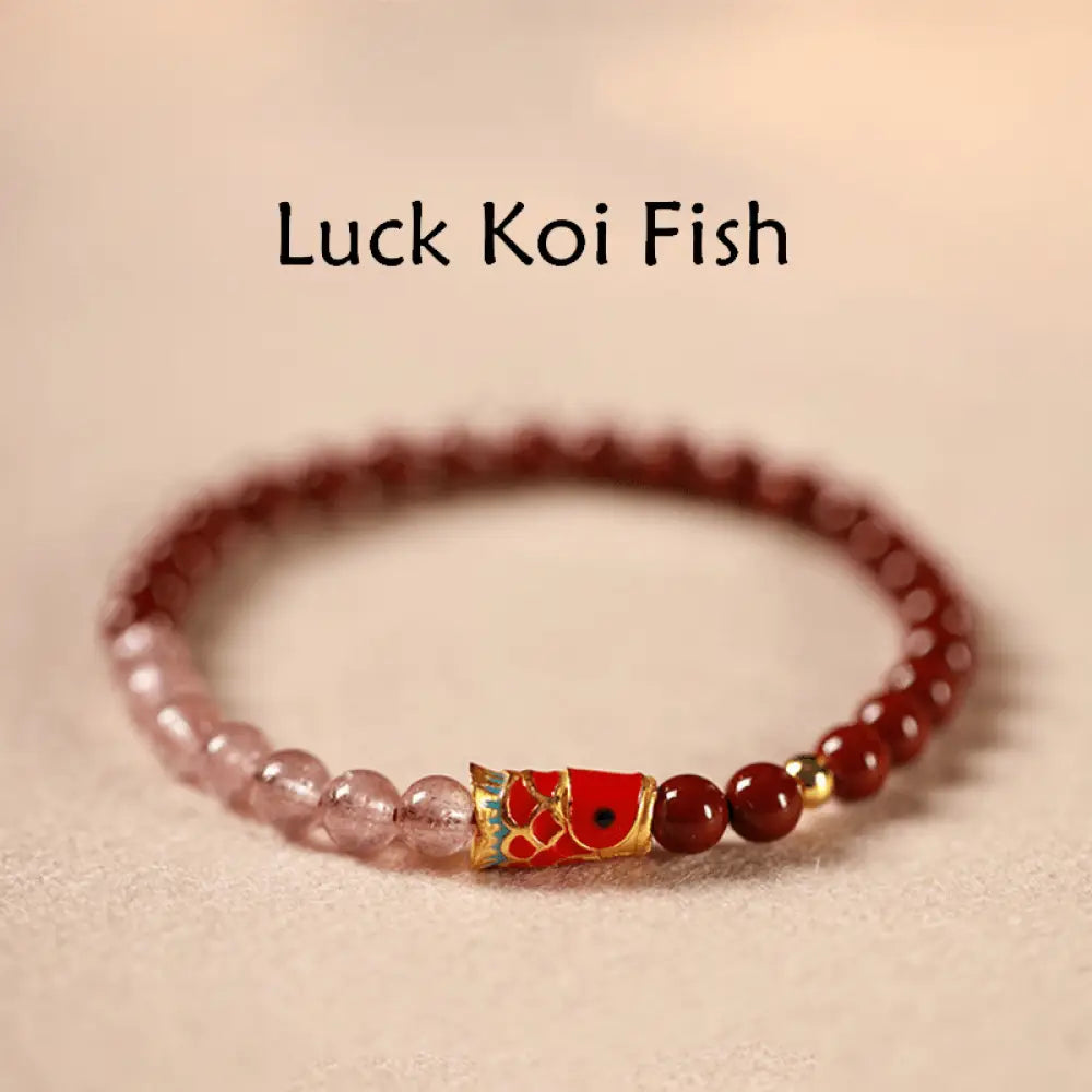 Buddha Stones Natural Cinnabar Pink Crystal Strawberry Quartz Lucky Koi Fish Blessing Bracelet - Cinnabar-5mm &