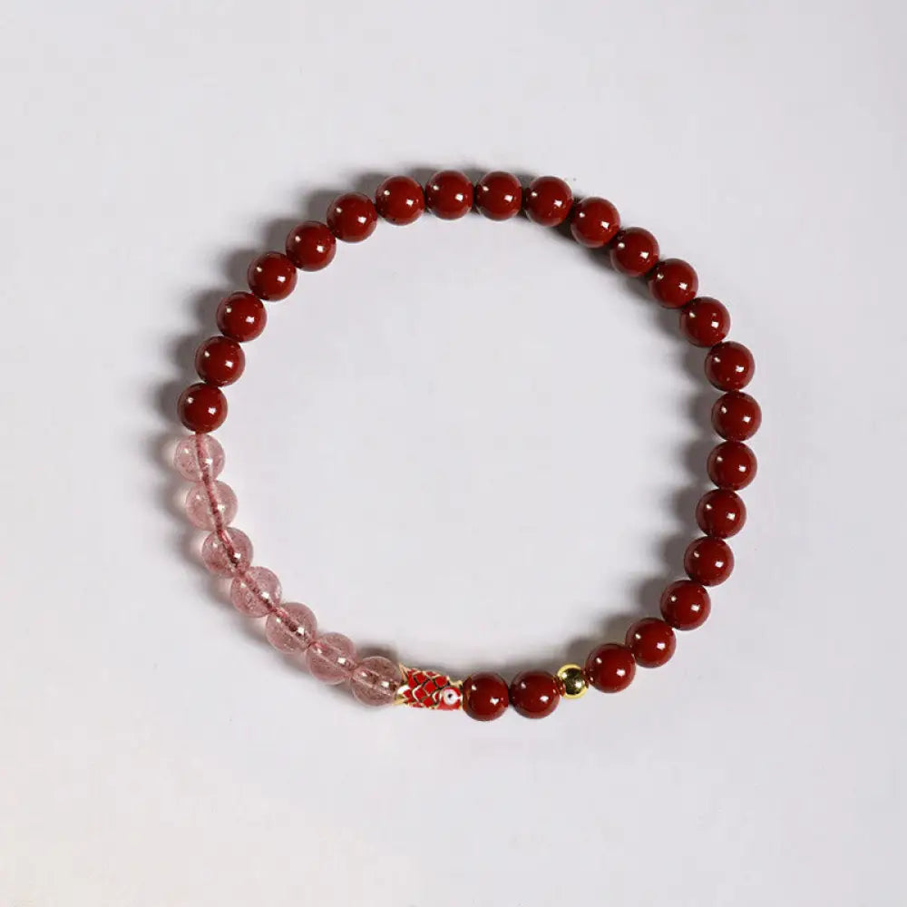 Buddha Stones Natural Cinnabar Pink Crystal Strawberry Quartz Lucky Koi Fish Blessing Bracelet - Cinnabar-5mm &amp;