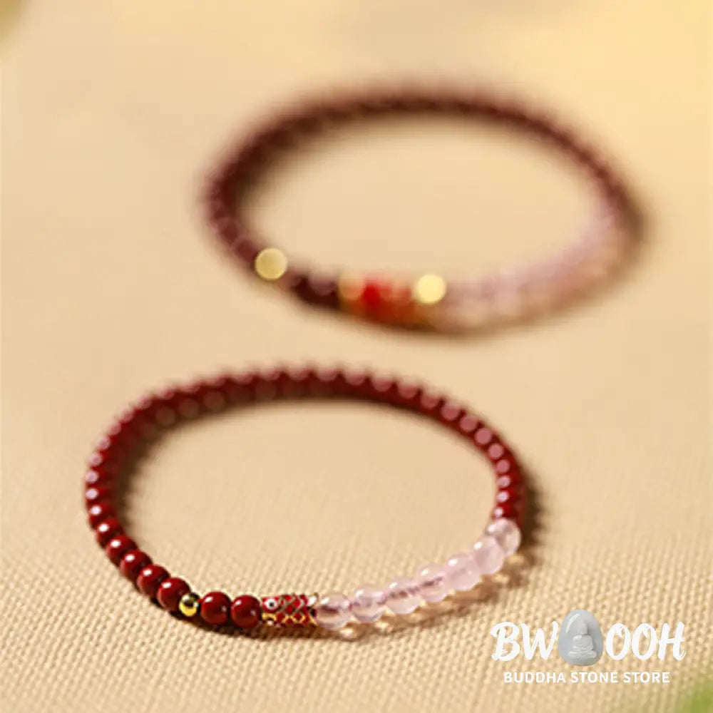 Buddha Stones Natural Cinnabar Pink Crystal Strawberry Quartz Lucky Koi Fish Blessing Bracelet - Bracelet
