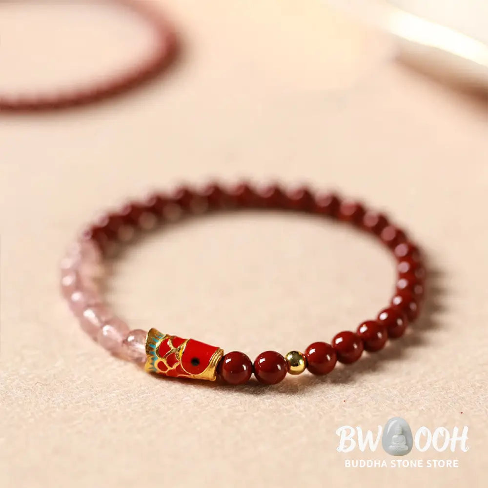 Buddha Stones Natural Cinnabar Pink Crystal Strawberry Quartz Lucky Koi Fish Blessing Bracelet - Bracelet