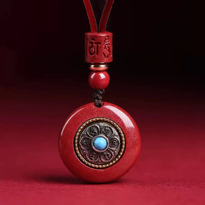 Buddha Stones Natural Cinnabar Six True Words ’Om Mani Padme Hum’ Braided String Blessing Key Chain Necklace Pendant