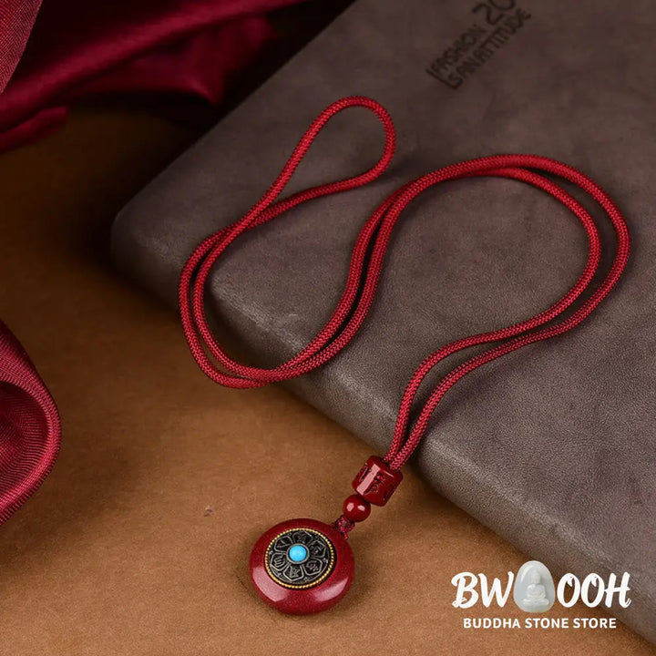 Buddha Stones Natural Cinnabar Six True Words ’Om Mani Padme Hum’ Braided String Blessing Key Chain Necklace Pendant