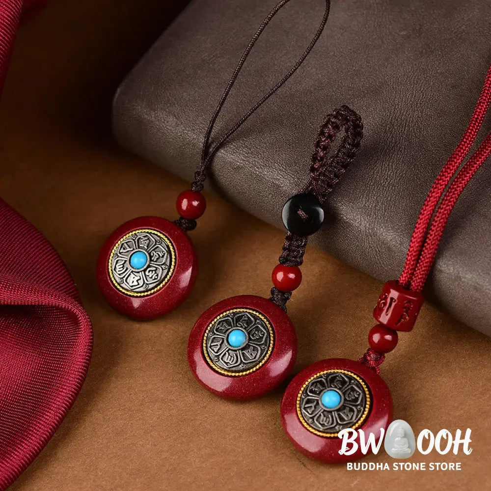 Buddha Stones Natural Cinnabar Six True Words ’Om Mani Padme Hum’ Braided String Blessing Key Chain Necklace Pendant