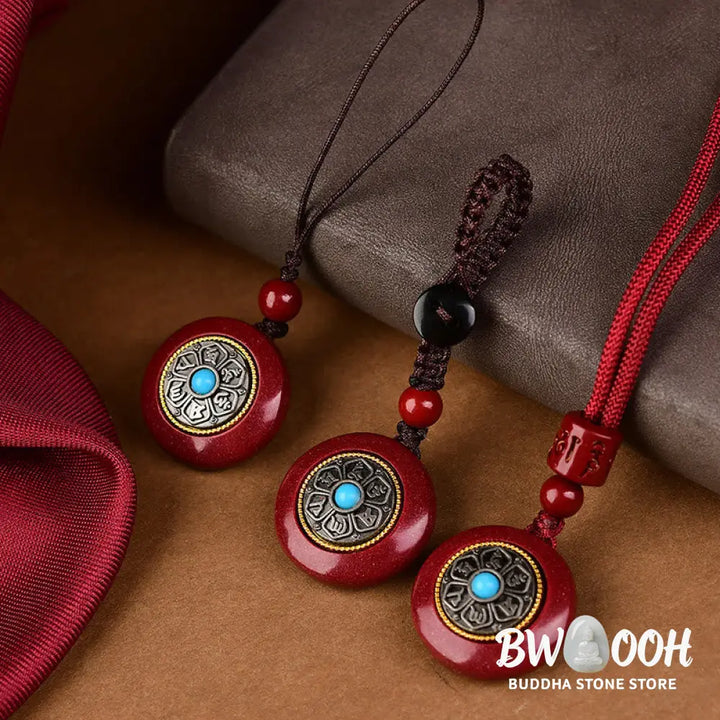 Buddha Stones Natural Cinnabar Six True Words ’Om Mani Padme Hum’ Braided String Blessing Key Chain Necklace Pendant